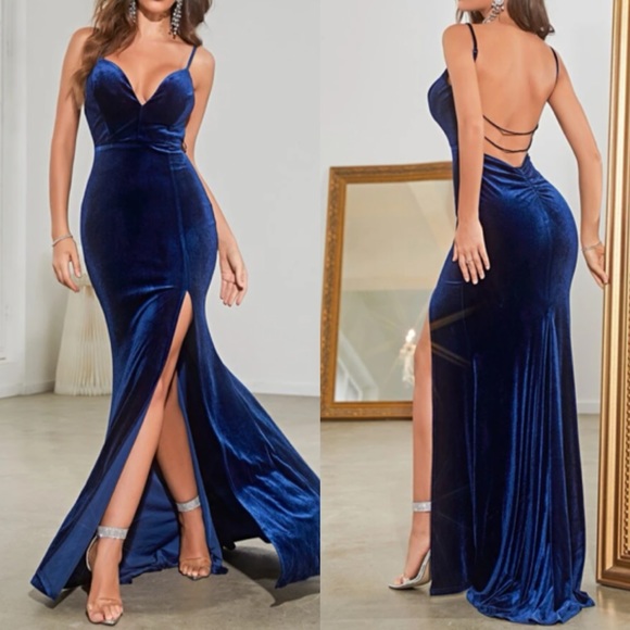 Dresses & Skirts - Luxe slit thigh open back party formal holidays velvet dress